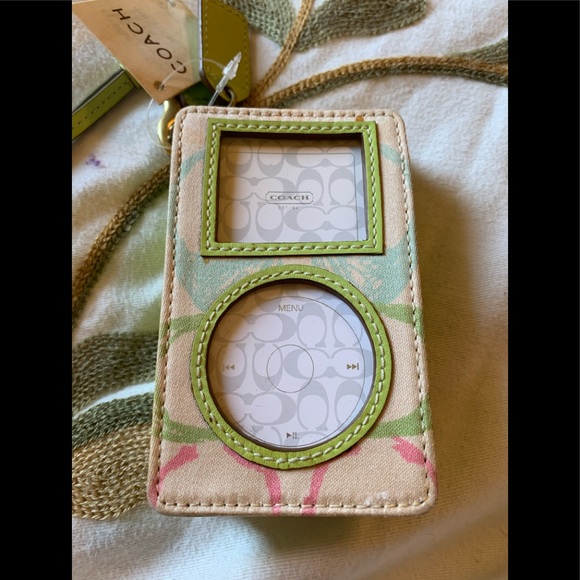 NWT Coach multicolored signature fabric with green leather ipod case